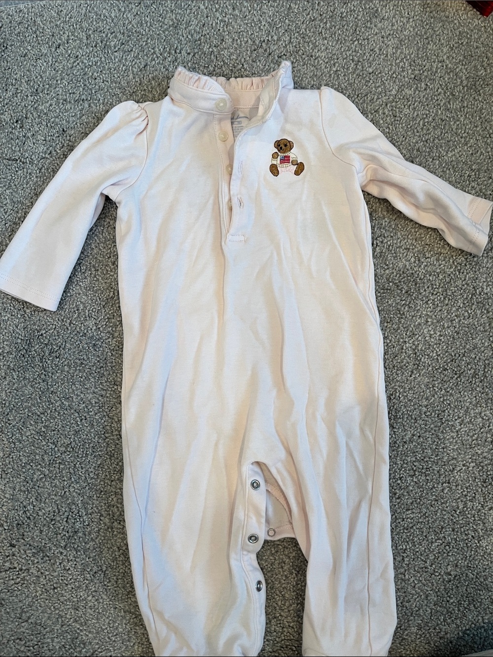 Ralph Lauren Ruffle Footie with Bear Embroidery - Light Pink
